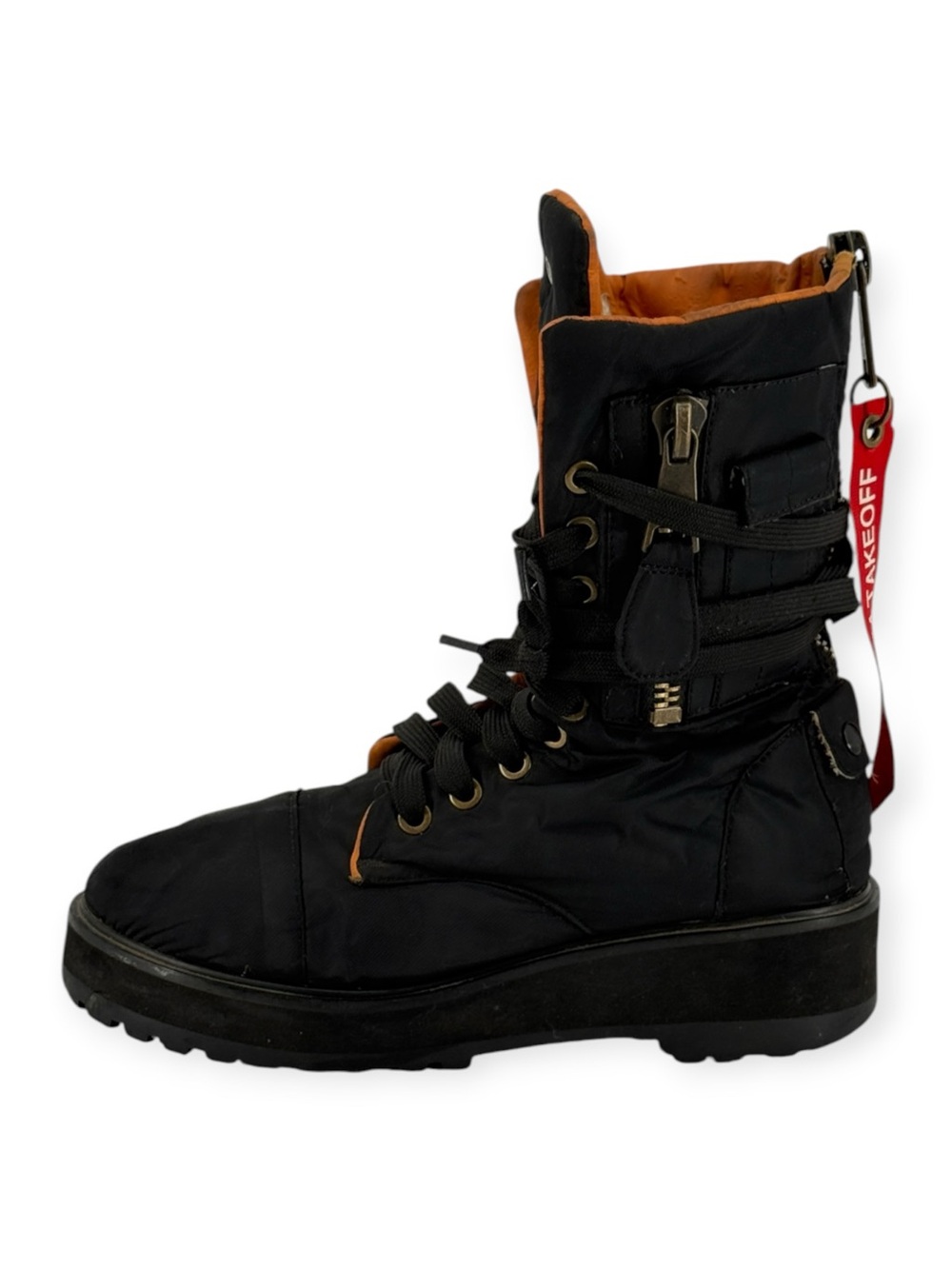 Distressed POSTER GIRL Black Combat Boots with Orange Interior